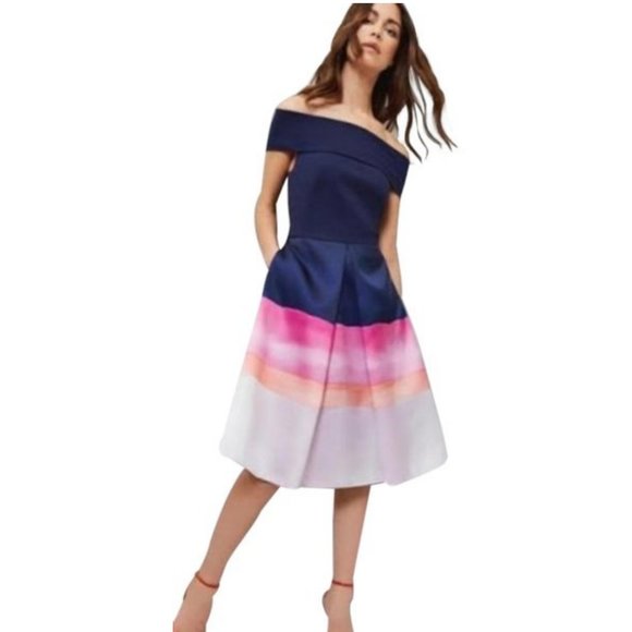 Ted Baker blue pink Hollii off-the-shoulder stripe Jacquard Dress size 1 nwot - Picture 1 of 12